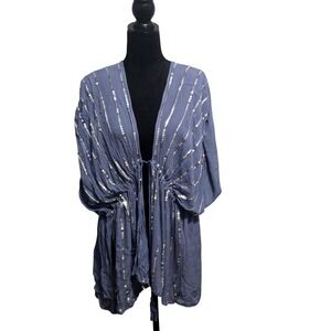 Vince Camuto Blue Sequin Stripe Kimono Cardigan Tie Front Viscose one size B1